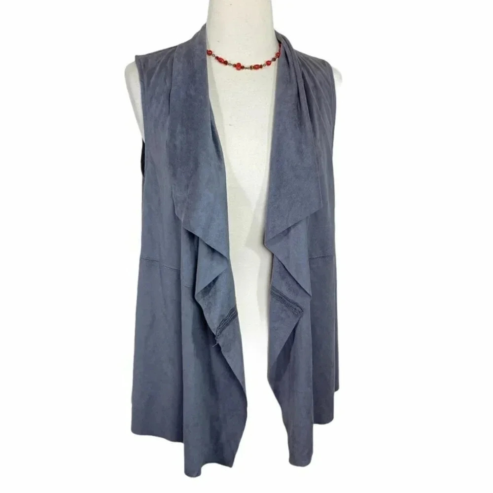 Joan Vass Vest S Blue Faux Suede Draped Open Front Waterfall Sleeveless Cardigan